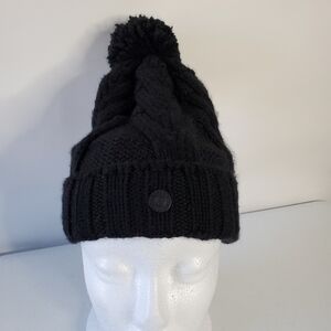 Fire + Ice Cable Knit Wool Blend Beanie with Pompom Black Knit Winter Hat Large